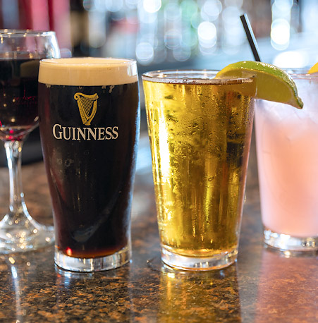 A wide selection of draft beer, wine and cocktails in our full service pub